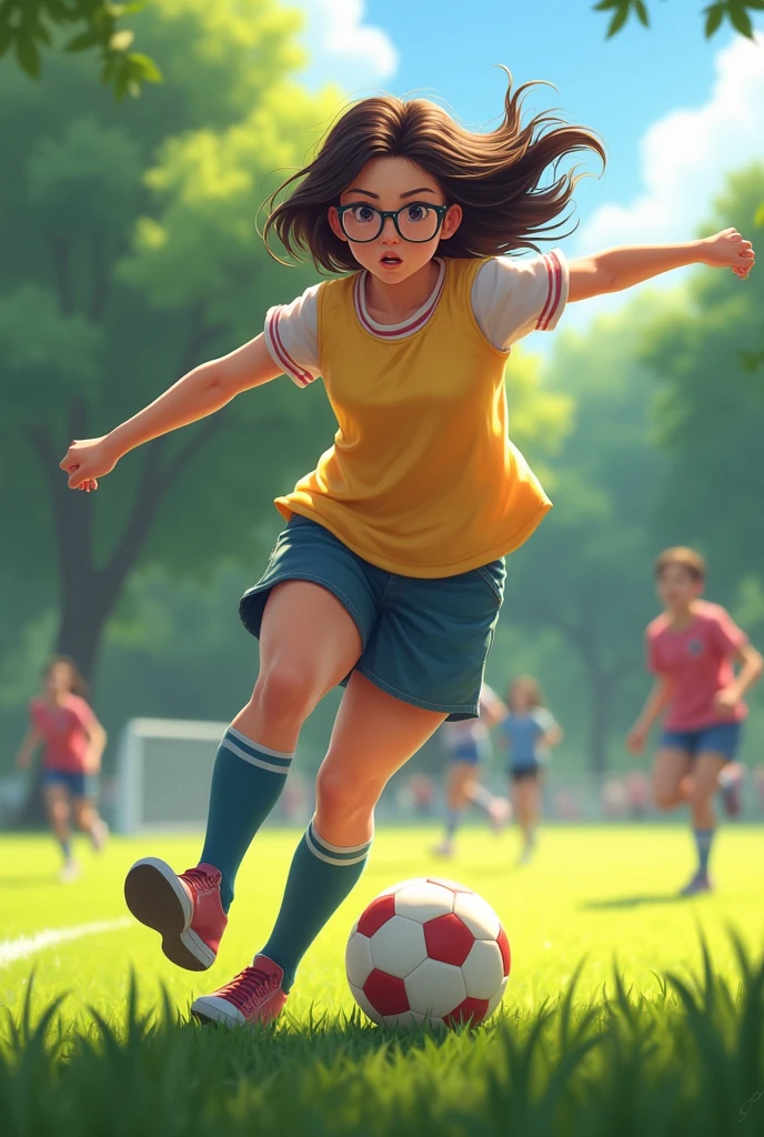 A brunette ager with glasses and long medium-dark brown hair playing touch football