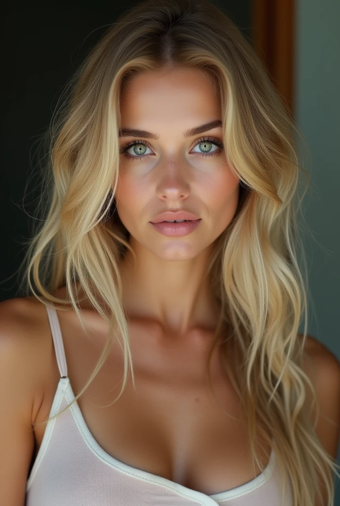 create a realistic image of a 20 year old woman, Longs cheveux blonds, Blue-green eyes naked breasts