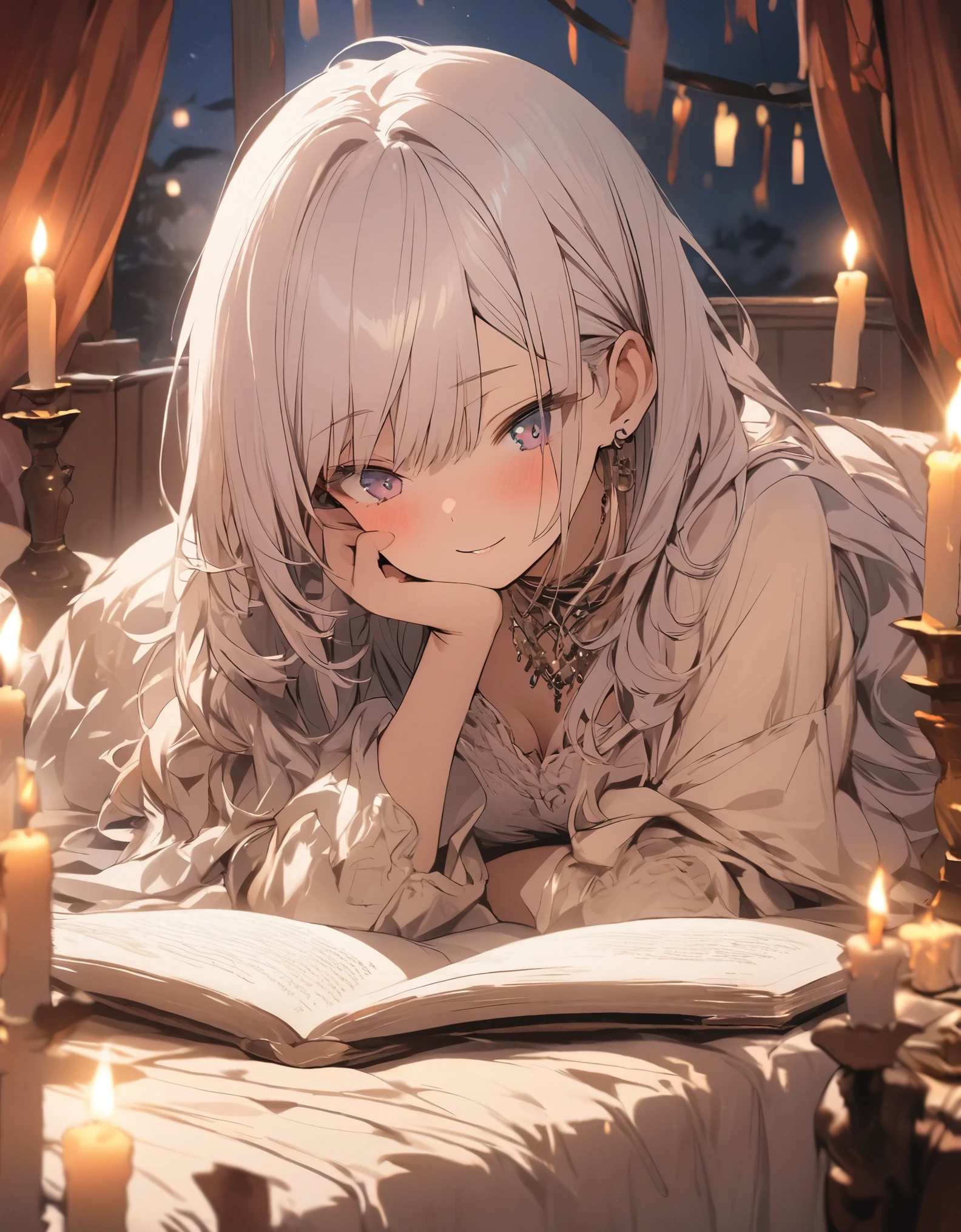 masterpiece、1 girl, white hair, western style bedroom, ((canopy bed)), lots of candle, night, focus on the face, read a book, surrounded by candles