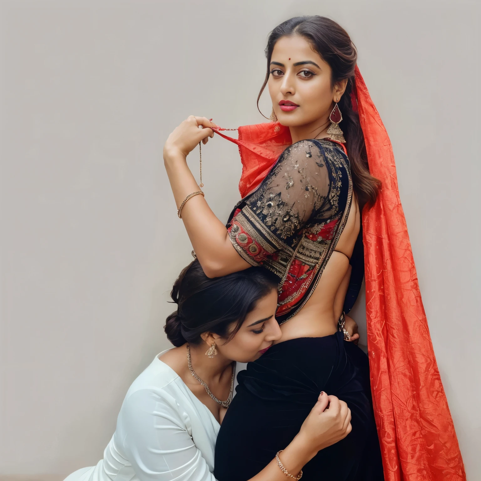 close up photo of 20 years old mahie gill, hourglass figure, swooping breasts, deep cleavage, curvy, seductive eyes, look at viewer lusciously, seductive eyes, sultry, look at viewer and subtle smile, red lips, ponytail, necklace, 4K, HD
