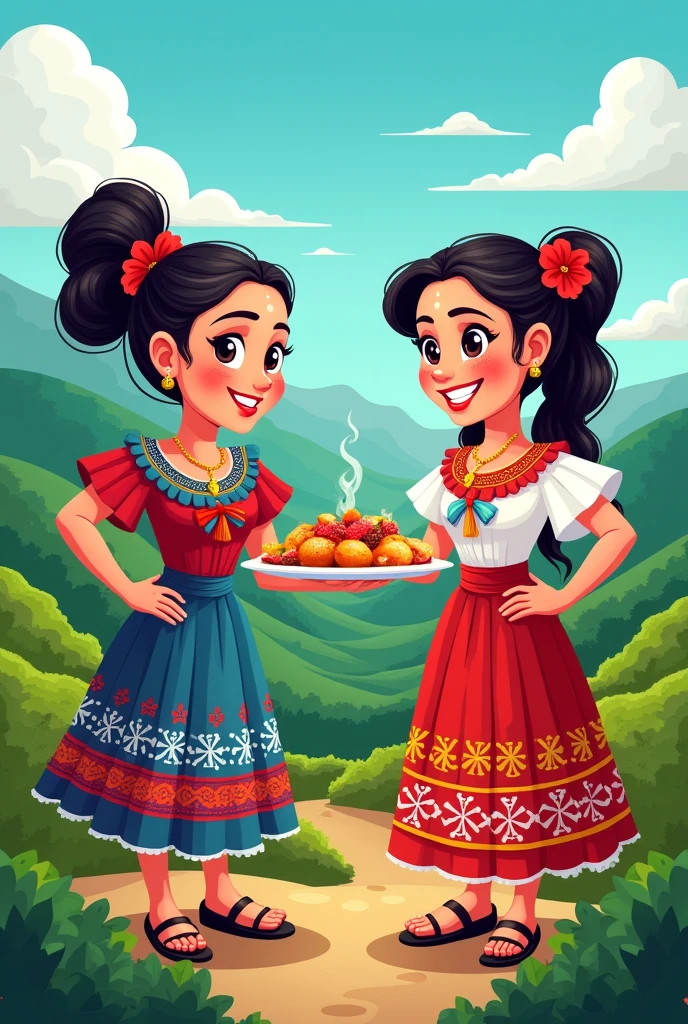 Women in traditional Guatemalan dress with a plate of food in their right hand and their left hand on their hips, cartoon