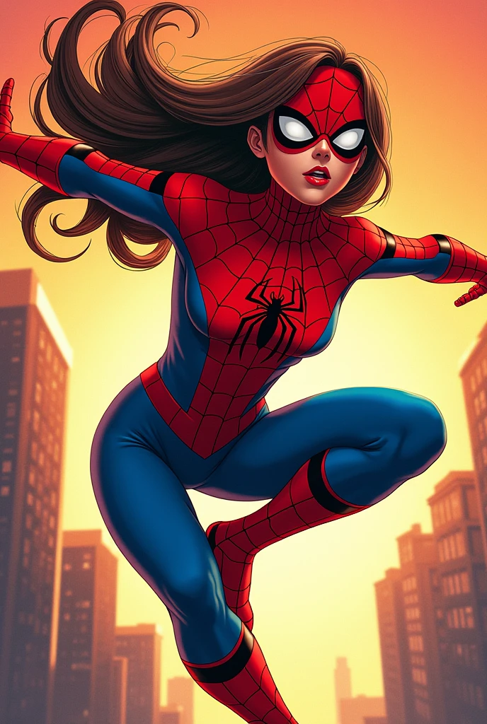 Girl with brown hair in red spiderman suit, Marvel Comic Style