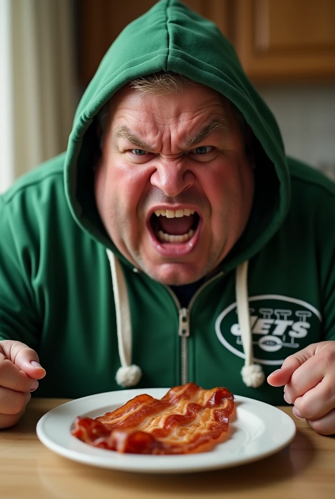 A fat man with a new york jets hoodie with no beard yelling at a piece of bacon on a plate. 