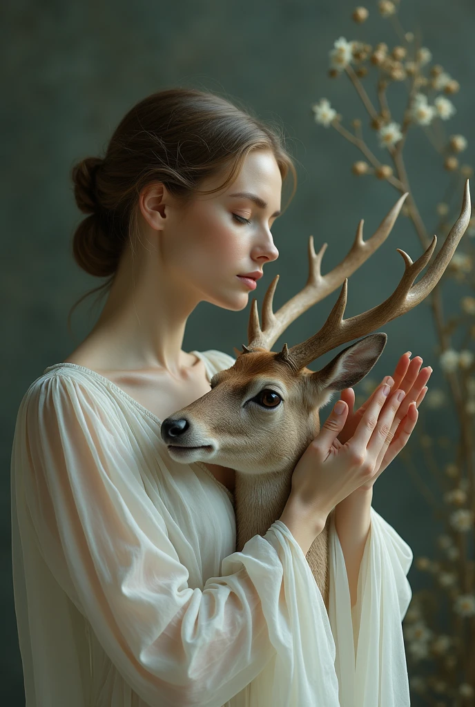 Beautiful woman holds in her hands the caravel head of a dead deer she has a white sleeping dress 
