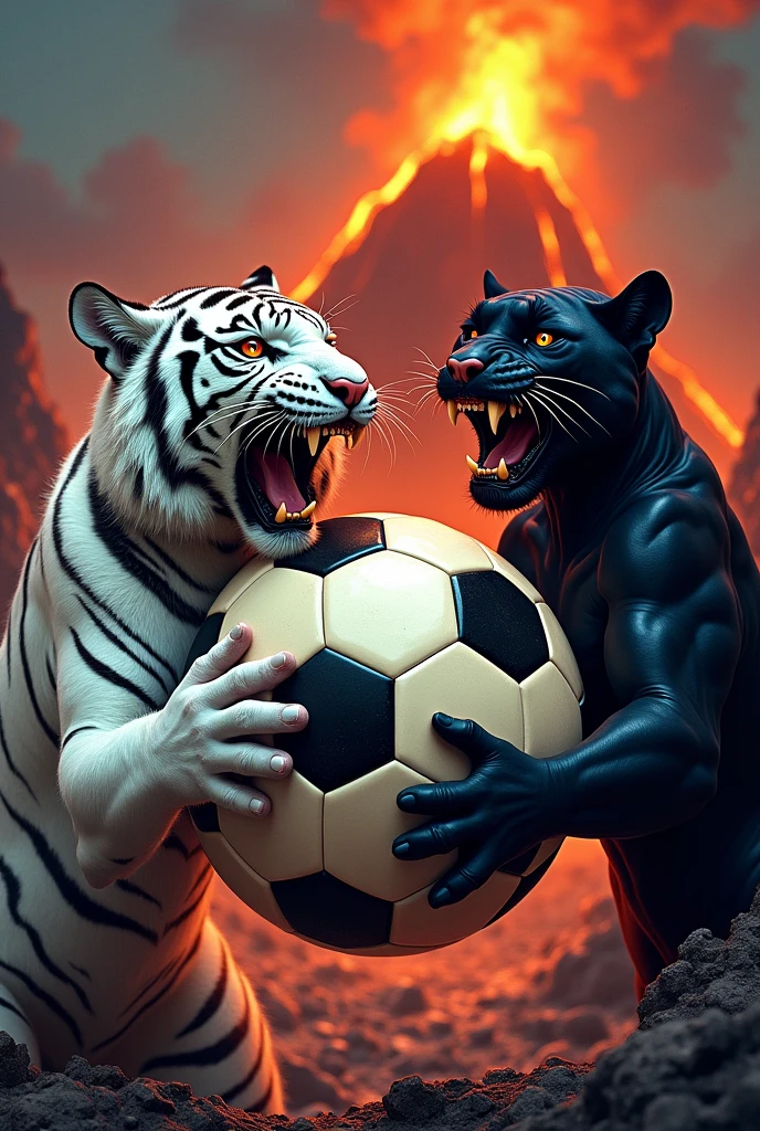 Logo of a soccer ball with the face of a crazy animated schizophrenic being held by the white Bengal tiger and the black panther for goal schizophrenics with a volcano erupting in a rough background