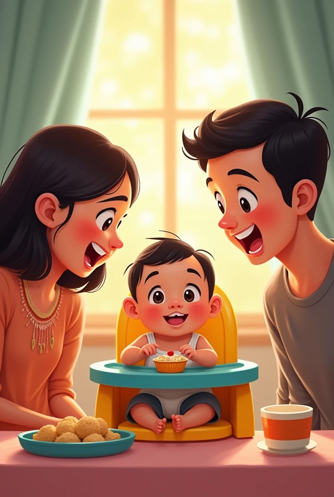 an indonesian baby celebrating her 6 month old age, sitting in a baby chair receiving her first solid meal. Look happy and delightful. her parents look surprised standing at each her side