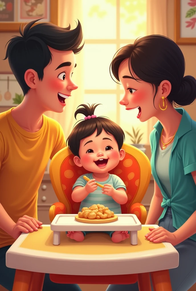 an indonesian baby celebrating her 6 month old age, sitting in a baby chair receiving her first solid meal. Look happy and delightful. her parents look surprised standing at each her side