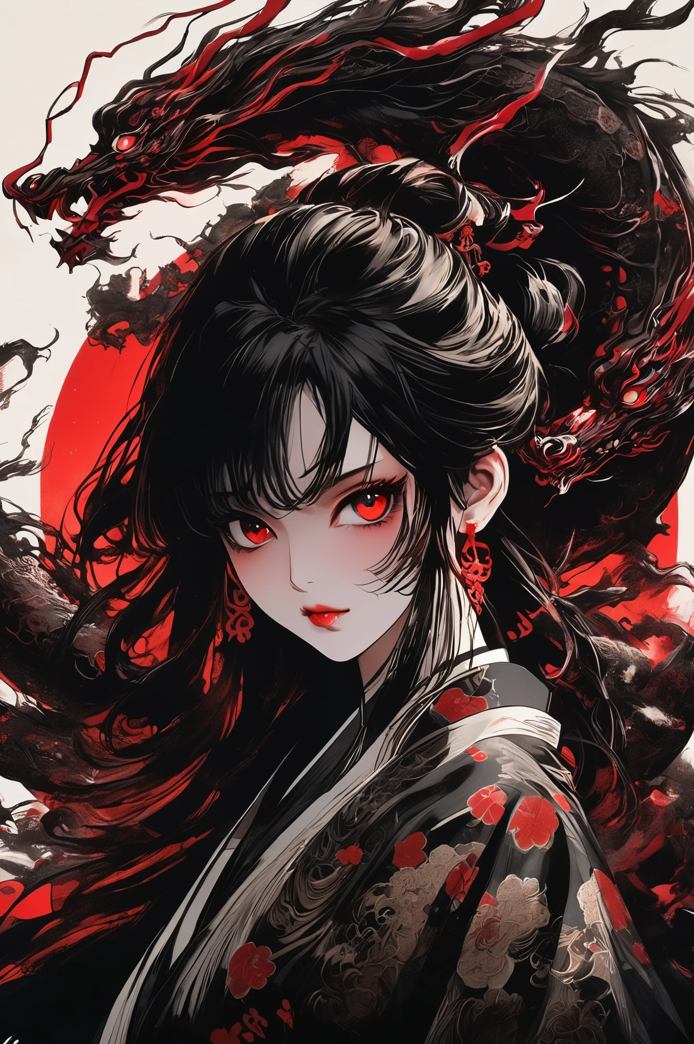A girl with long loose black hair, crimson red eyes. Deep red lipstick, red eye shadow , very big breasts demon, geisha clothes , big breasts, ((arms behind back)), dragon, portrait, close up, big eyes, ulzzang, sparkling eyes, A charming girl, see ghosts, eyes looking, extremely beauty, wuxia, Chinese, horror comic style, gloom, soul, dark red, photorealistic eye, bokeh, monstrous, hyperrealistic illustration, horror illustrator, morbid themes, hollow knight artstyle, full body shot, full lenght shot, ((masterpiece, high res, high quality, best quality))