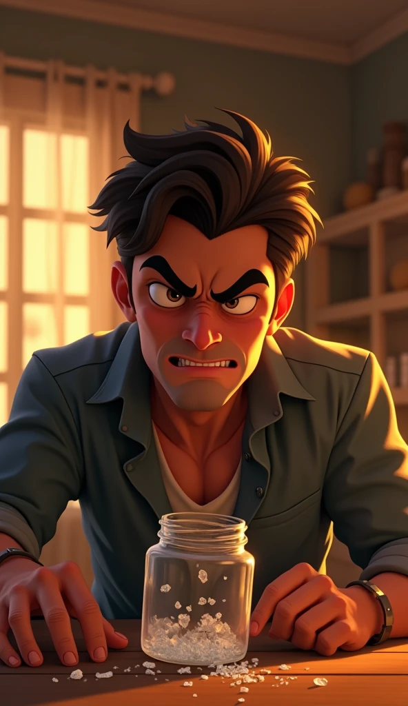 An angry handsome young man dropping a glass jar at his house, at evening, pixar style, cinematic, masterpiece, high-aesthetic, portrait  