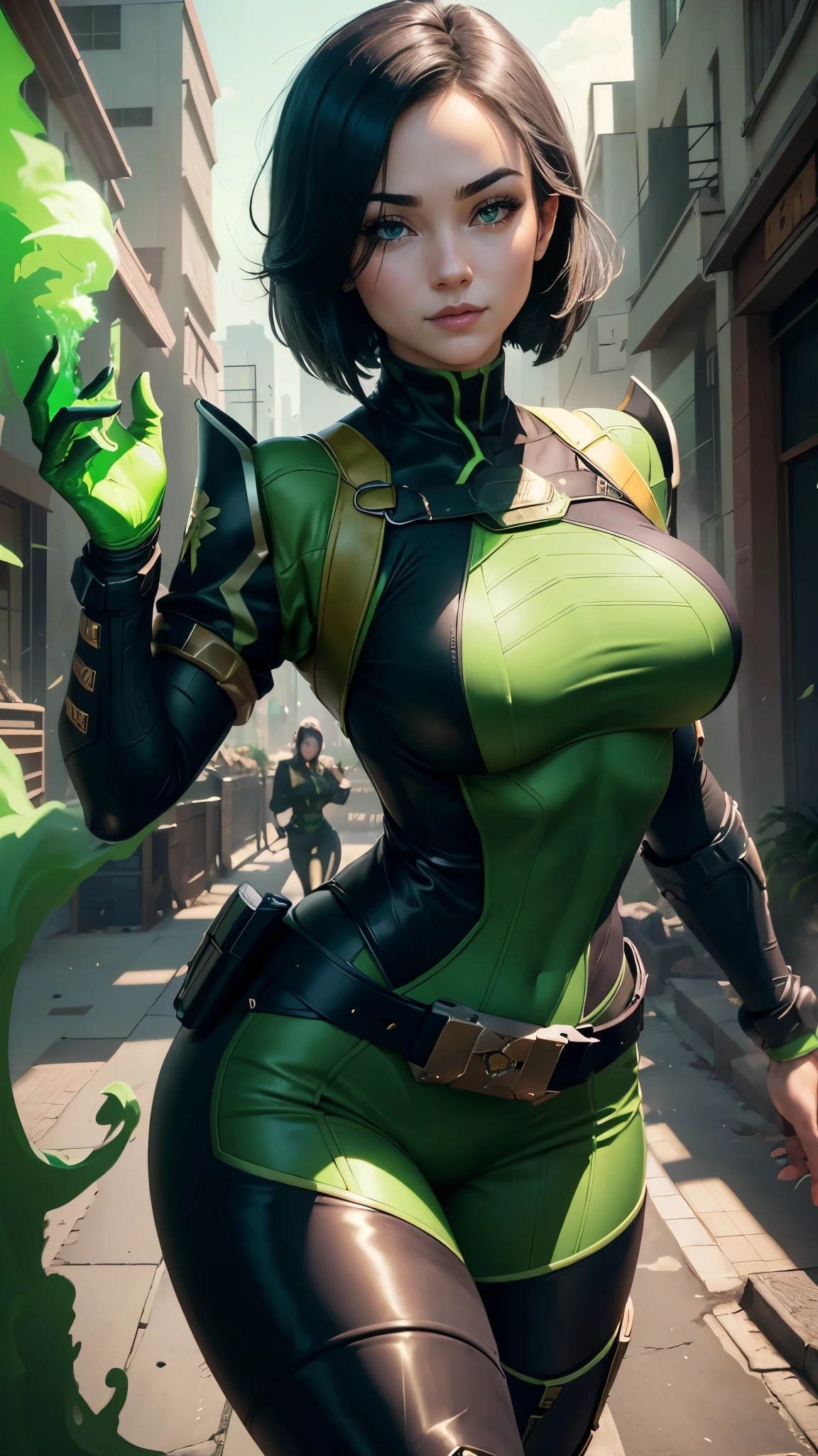 Viper da valorant,(best qualityer,4K,8k,high resolution, work of art:1.2)(weather: windy),cowboy shot, Japanese female, cyberpunk Tokyo background, long sleeve sport top, green and black leggings, harness corset, uncovered belly, face mask, punk makeup, thigh high boots, belt, short hair, ultra detailed, realistic, portrait, beautiful detailed green eyes, beautiful detailed lips, extremely detailed eye and face, beautiful girl, long eyelashes, sexly, average, large breasts, beaming smile, combat pose, stunning curves, bright coloured, dramatic lighting, green smoke,