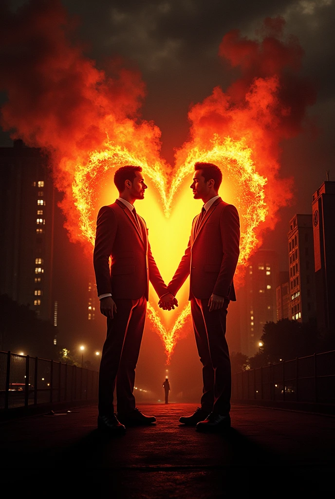 A design with a flaming heart in the center, symbolizing the intense passion and challenges faced by the gay couple. The back may have elements reminiscent of the mafia, like a burning building or a night city.
