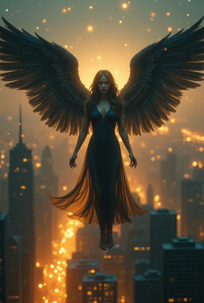 This image depicts an angel woman hovering over a city at night. The city lights create a golden and dramatic atmosphere, while its delicate presence and dark wings contrast with the urban environment. The woman seems protective and vigilant.