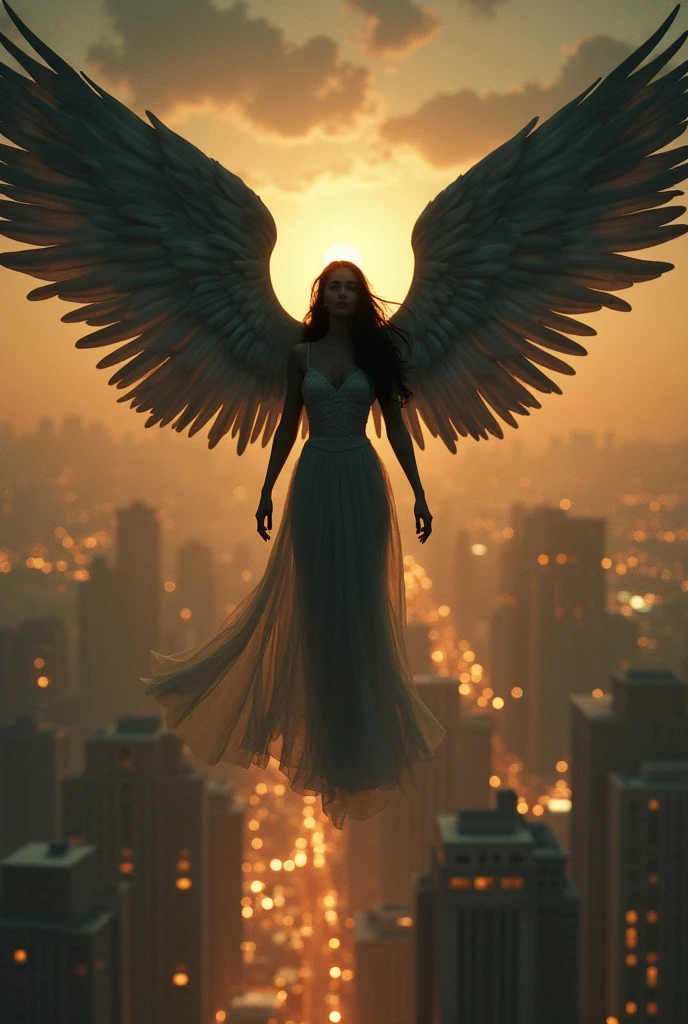 This image depicts an angel woman hovering over a city at night. The city lights create a golden and dramatic atmosphere, while its delicate presence and dark wings contrast with the urban environment. The woman seems protective and vigilant.