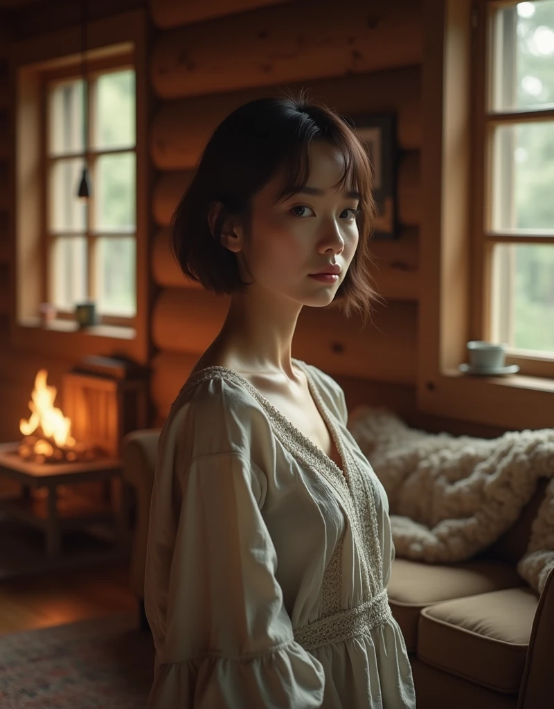 1 woman of 1.68cm with short brown hair in a cabin