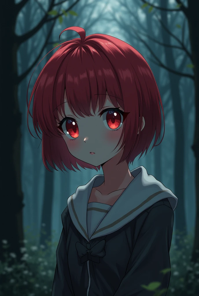 [[Clannad style]], [[a cute girl with short hair with red bangs]], [[red eyes]], [[gloomy, dark forest background]], [[poor natural lighting]], [[great quality]],[[masterpiece]], [[best artist]], [[best performance]], [[16k quality]], [[HDR+]]