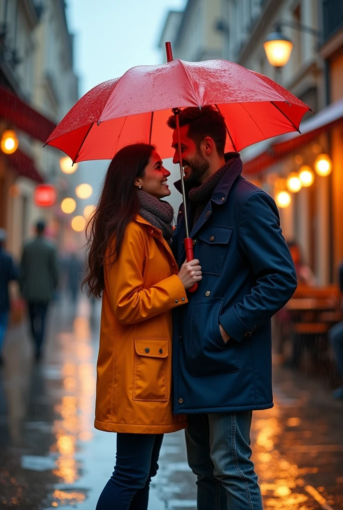 In the midst of a bustling city, a couple walks hand in hand beneath a gentle, persistent rain, their faces illuminated by the soft, flickering glow of streetlamps. The rhythmic sound of raindrops pattering against the pavement creates a soothing backdrop to their quiet conversation, while the sweet, earthy scent of wet asphalt fills the air. They wear vibrant, colorful raincoats that add a joyful contrast to the otherwise muted gray tones of the rainy evening.

The woman, with her long, dark hair clinging to her cheeks, wears a bright red umbrella that blossoms like a cheerful flower above them, creating a small oasis of warmth amid the chilly drizzle. Her laughter rings out like music, blending with the splashes of puddles beneath their feet as they navigate the cobblestone streets, each step sending tiny droplets flying.

The man, dressed in a cozy navy-blue coat, shares a knowing smile, his eyes sparkling with affection. He playfully nudges her shoulder, drawing her closer as they meander through the shimmering reflections on the ground. Around them, the city is alive with the sounds of distant traffic and lively chatter, yet, in their bubble of warmth and companionship, they create their own little world, blissfully unaware of the rush surrounding them.

As they pass by a charming café with warm golden lights spilling out onto the wet sidewalk, the enticing aroma of freshly brewed coffee wafts toward them, momentarily distracting them from the rain. They pause, exchanging glances filled with unspoken words, a silent agreement to seek refuge and warmth together, their love growing ever stronger in the cozy embrace of the stormy evening.