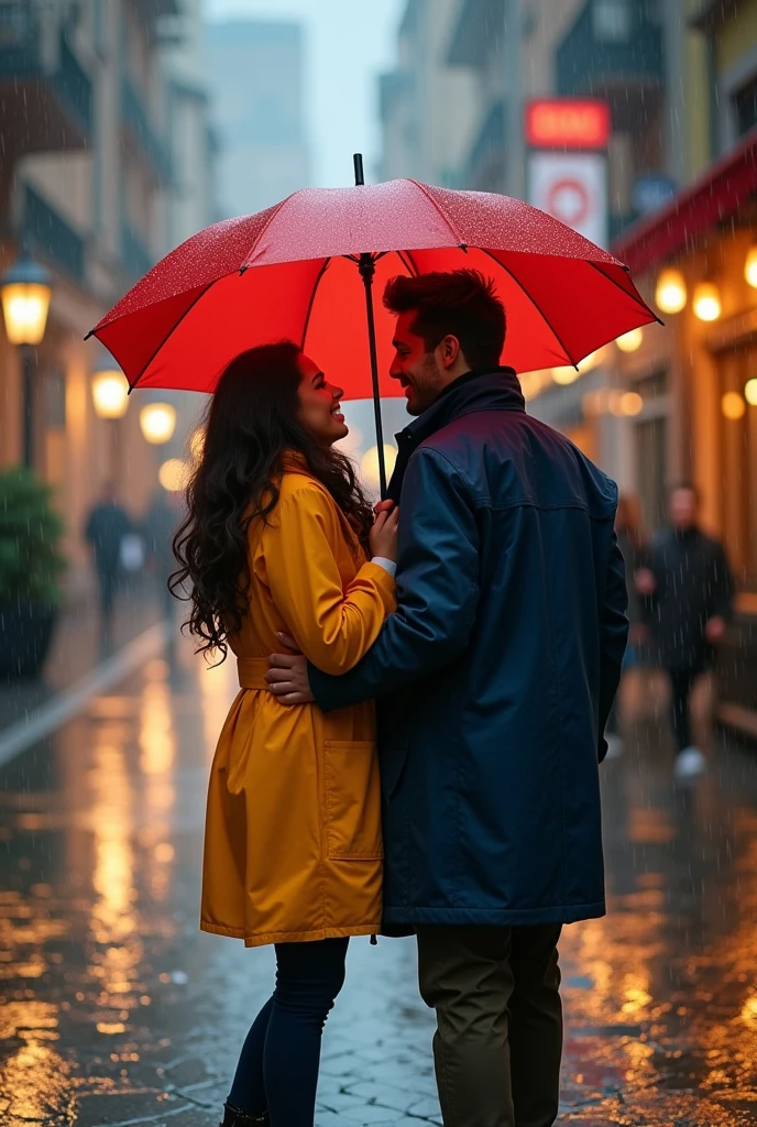 In the midst of a bustling city, a couple walks hand in hand beneath a gentle, persistent rain, their faces illuminated by the soft, flickering glow of streetlamps. The rhythmic sound of raindrops pattering against the pavement creates a soothing backdrop to their quiet conversation, while the sweet, earthy scent of wet asphalt fills the air. They wear vibrant, colorful raincoats that add a joyful contrast to the otherwise muted gray tones of the rainy evening.
The woman, with her long, dark hair clinging to her cheeks, wears a bright red umbrella that blossoms like a cheerful flower above them, creating a small oasis of warmth amid the chilly drizzle. Her laughter rings out like music, blending with the splashes of puddles beneath their feet as they navigate the cobblestone streets, each step sending tiny droplets flying.
The man, dressed in a cozy navy-blue coat, shares a knowing smile, his eyes sparkling with affection. He playfully nudges her shoulder, drawing her closer as they meander through the shimmering reflections on the ground. Around them, the city is alive with the sounds of distant traffic and lively chatter, yet, in their bubble of warmth and companionship, they create their own little world, blissfully unaware of the rush surrounding them.
As they pass by a charming café with warm golden lights spilling out onto the wet sidewalk, the enticing aroma of freshly brewed coffee wafts toward them, momentarily distracting them from the rain. They pause, exchanging glances filled with unspoken words, a silent agreement to seek refuge and warmth together, their love growing ever stronger in the cozy embrace of the stormy evening.