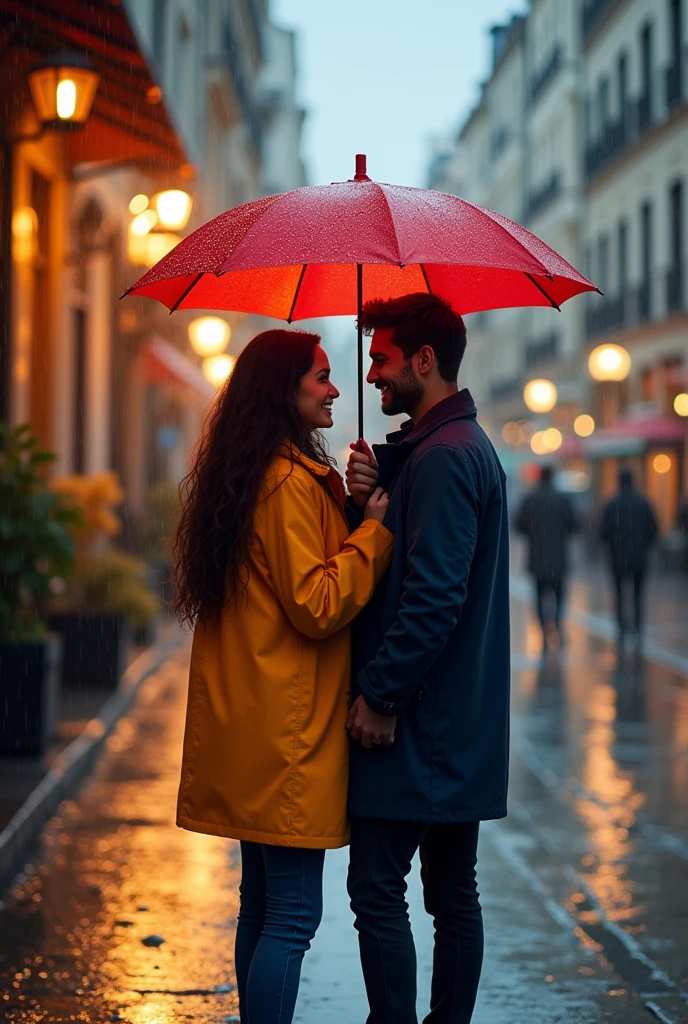 In the midst of a bustling city, a couple walks hand in hand beneath a gentle, persistent rain, their faces illuminated by the soft, flickering glow of streetlamps. The rhythmic sound of raindrops pattering against the pavement creates a soothing backdrop to their quiet conversation, while the sweet, earthy scent of wet asphalt fills the air. They wear vibrant, colorful raincoats that add a joyful contrast to the otherwise muted gray tones of the rainy evening.
The woman, with her long, dark hair clinging to her cheeks, wears a bright red umbrella that blossoms like a cheerful flower above them, creating a small oasis of warmth amid the chilly drizzle. Her laughter rings out like music, blending with the splashes of puddles beneath their feet as they navigate the cobblestone streets, each step sending tiny droplets flying.
The man, dressed in a cozy navy-blue coat, shares a knowing smile, his eyes sparkling with affection. He playfully nudges her shoulder, drawing her closer as they meander through the shimmering reflections on the ground. Around them, the city is alive with the sounds of distant traffic and lively chatter, yet, in their bubble of warmth and companionship, they create their own little world, blissfully unaware of the rush surrounding them.
As they pass by a charming café with warm golden lights spilling out onto the wet sidewalk, the enticing aroma of freshly brewed coffee wafts toward them, momentarily distracting them from the rain. They pause, exchanging glances filled with unspoken words, a silent agreement to seek refuge and warmth together, their love growing ever stronger in the cozy embrace of the stormy evening.