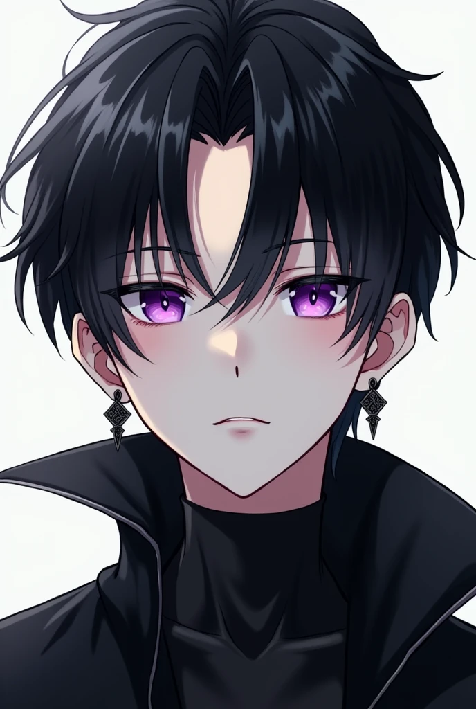 A 1 boy, pale skin, purple eyes, black mid hair, atlhetic body, uses black clothes, use black earrings, anime style, close view