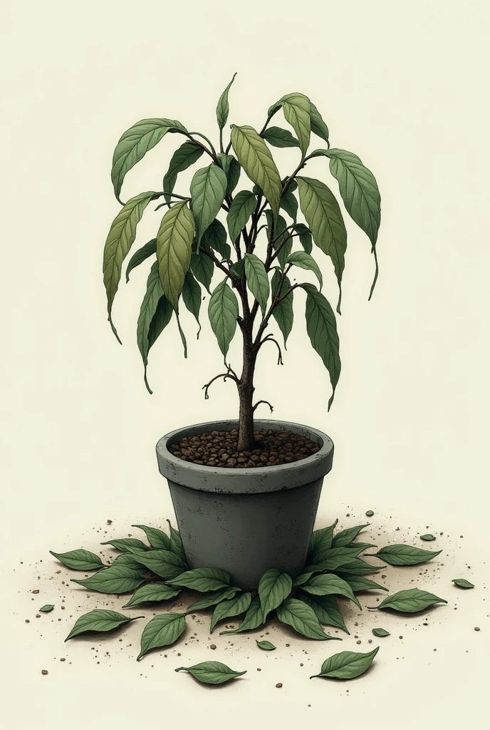 A drawing where there is a plant and you can see the fallen leaves on the floor, that the leaves of the plants are a little droopy and the green color a little brown , that the plant is a little low