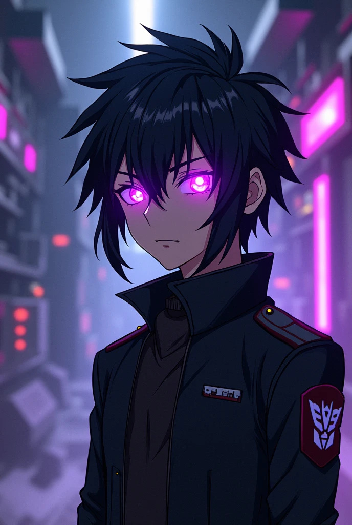 Create an anime character with these characteristics, He is a boy. She has black hair and her eyes glow deep purple., wears a black gabardine jacket. Belongs to the Autobots Elite Guard