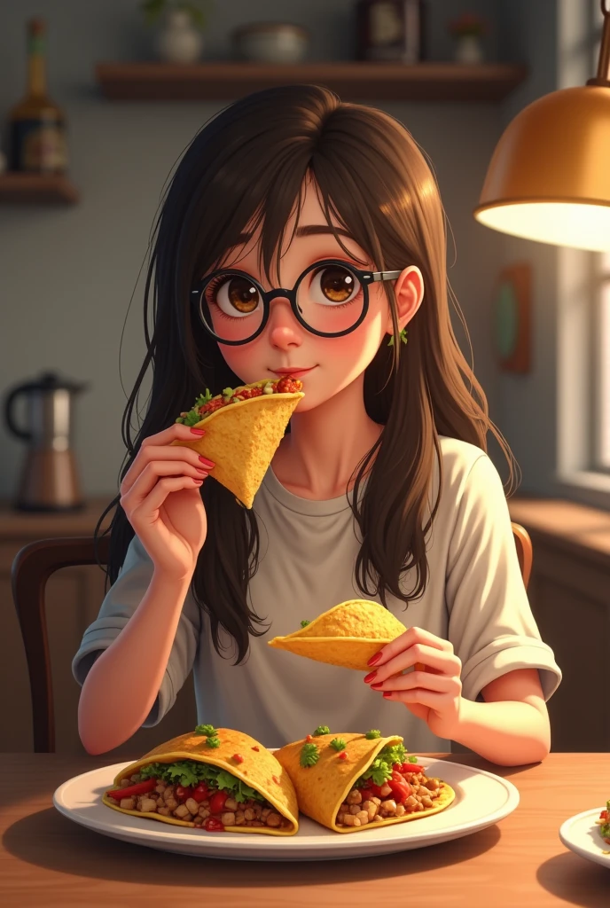 A brunette teenager with glasses and long medium-dark brown hair eating tacos
