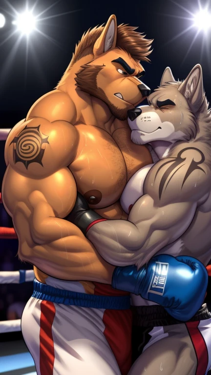 Duo male(Brown Dog fighting Gray wolf), handsomes(handsome hairstyle, Thick eyebrows, detailed face), gay(cuddling embraced, body with body, on a boxing match), hot(Shirtless), handsomes(They are handsomes, correct anatomy), musculosos(Big muscle bodies, Six packs, muscle abs, big pecs), sweaty(very sweaty wet bodies, shiny sweat), tatuajes(they have tattoos), grumpy(Both have an grumpy expression, grumpy teeths, steaming breath), UFC gloves(They both are wearing UFC gloves), Hight resolution, by(Zourik:1.1)