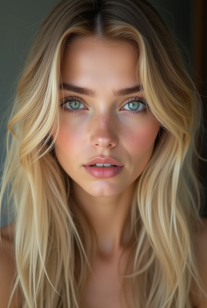create a realistic image of a 20 year old woman, Longs cheveux blonds, Full-length blue-green eyes
