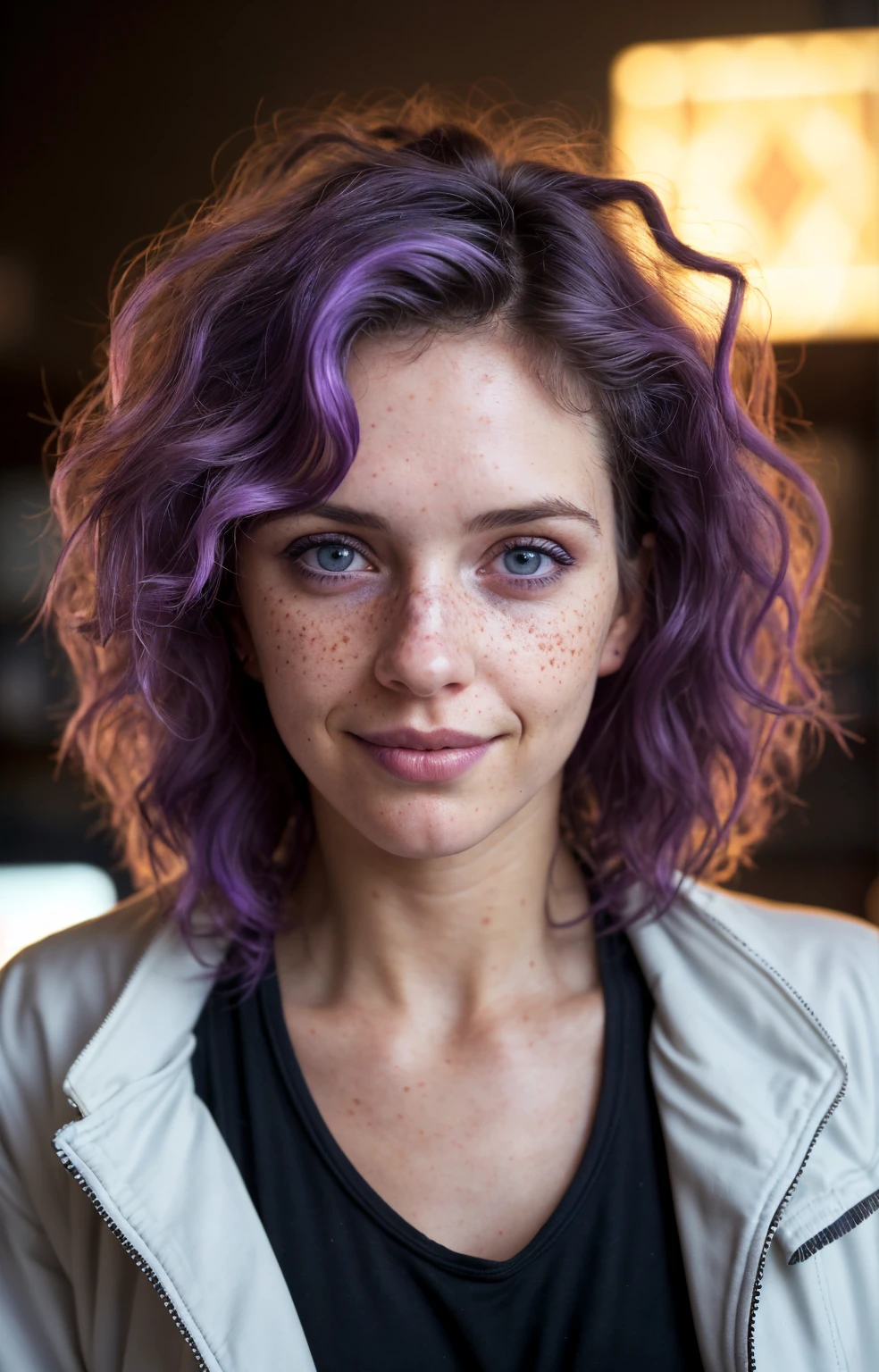 (Close-up, editorial photograph of a woman), (highly detailed face:1.4) (smile:0.7) (background inside dark, moody, private study:1.3) POV, by lee jeffries, nikon d850, film stock photograph ,4 kodak portra 400 ,camera f1.6 lens ,rich colors, hyper realistic ,lifelike texture, dramatic lighting , cinestill 800, wavy hair, messy hair, short hair, curls, Silly smirk, Purple hair, Blue Eyes, freckles, White Skin, Cyberpunk Jacket, Sci Fi, Cyberpunk, Futurism, Astral Plane, American expressions, American woman, American skin, Athletic body