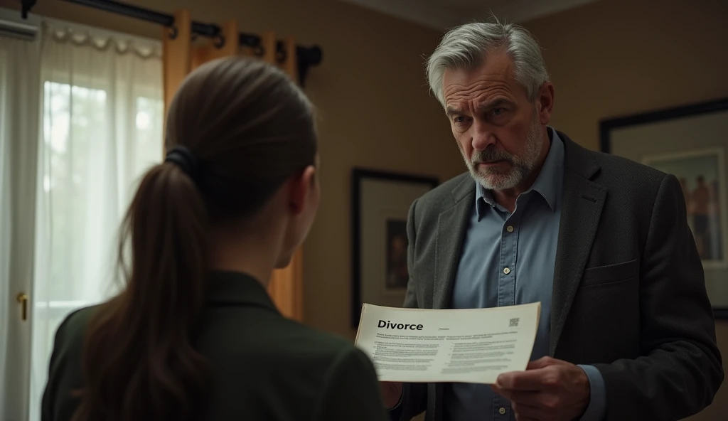 A man holding divorce papers in front of his wife 