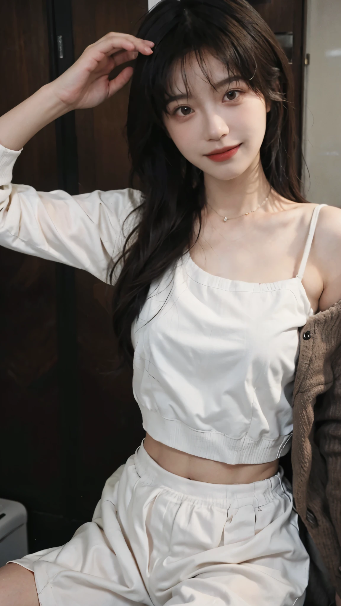 best qualtiy, Ultra-high resolution, (realisticlying:1.4),cute hairpin,Baoyu Girl,1girll,Cropped red sweater ,Beautiful woman with a slim figure:1.4, abs:1.1, (A brown-haired, mideum breasts:1.3), bathroom,Ultra-fine face,Elaborate Eyes,double eyelid,ssmile,choker necklace