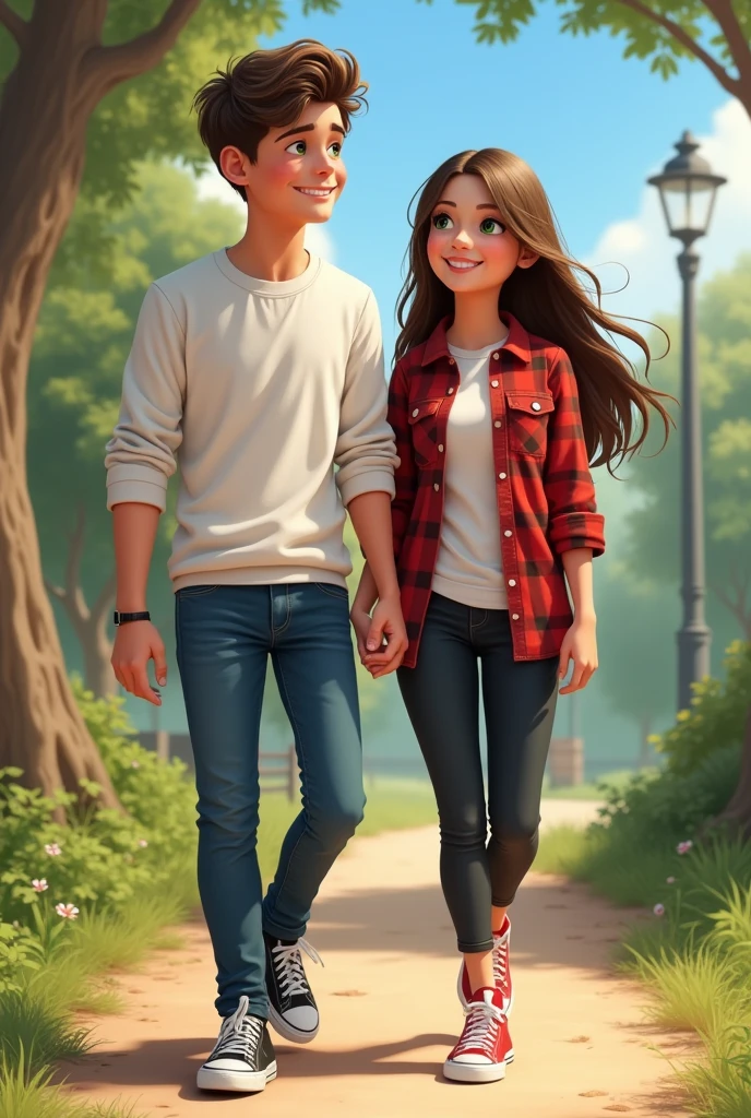 couple, 1 girl and 1 boy, by rubio, young, White shirt, jeans and black and white sneakers, (green eyes) The girl is wearing a red flannel shirt, black jeans and red and white sneakers, smiling. Walking together. A park in the background, blue sky, detailed.