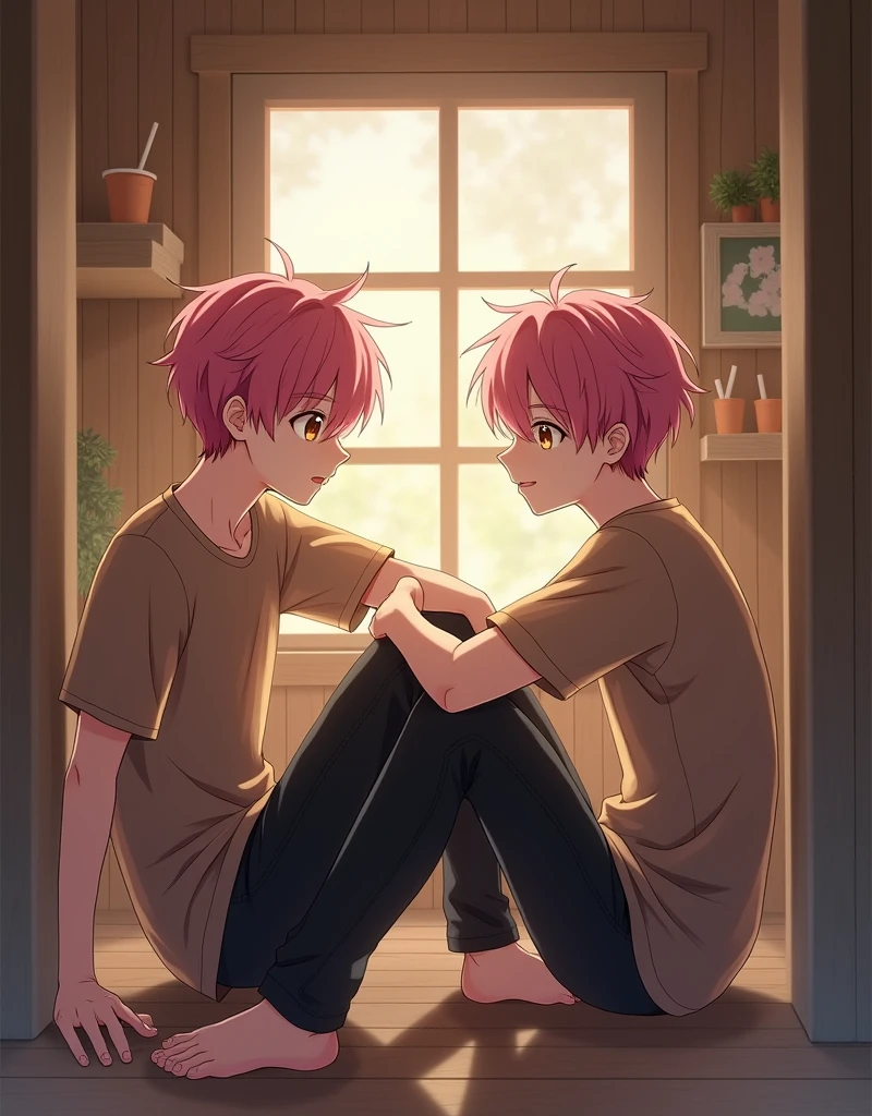 2 anime man character with pink hair and beige eyes wearing a brown shirt and black pants in a cabin