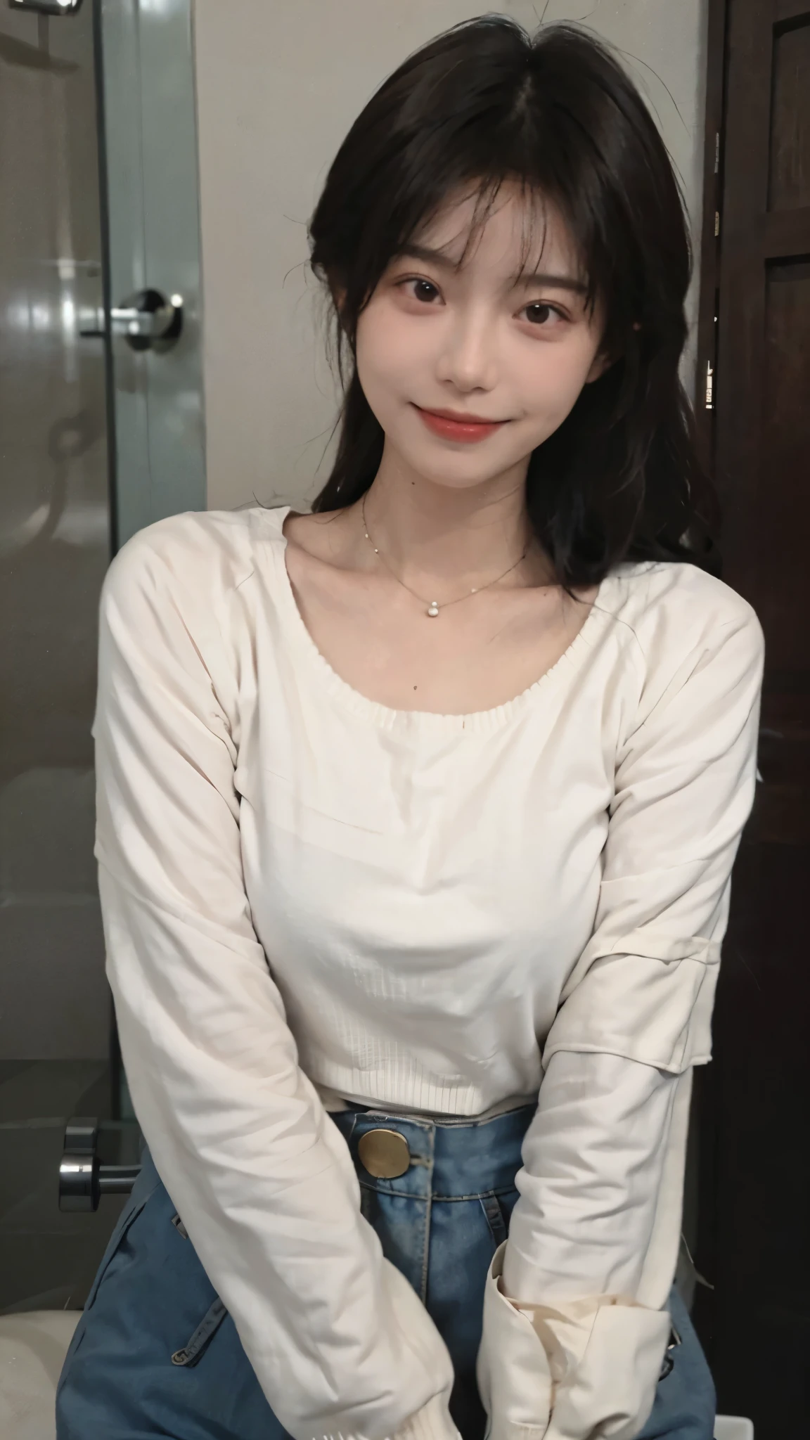 best qualtiy， Ultra-high resolution， （realisticlying：1.4），cute hairpin，Baoyu Girl，1girll,Cropped red sweater ，Beautiful woman with a slim figure:1.4, abs:1.1, (A brown-haired, mideum breasts:1.3), bathroom,Ultra-fine face，Elaborate Eyes，double eyelid，ssmile，choker necklace