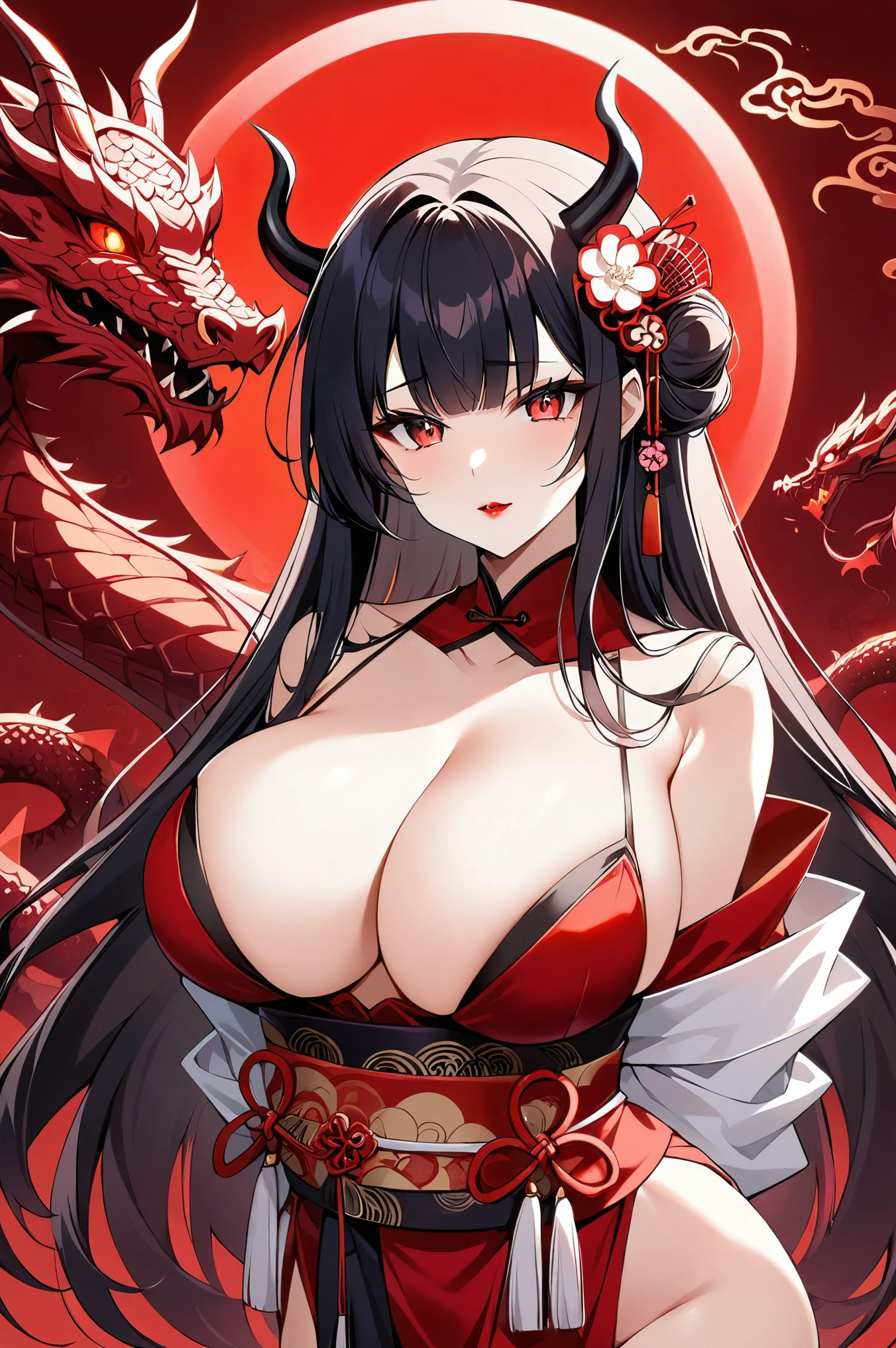 A girl with long loose black hair, crimson red eyes. Deep red lipstick, red eye shadow , big breasts demon, geisha clothes, ((arms behind back)), dragon,