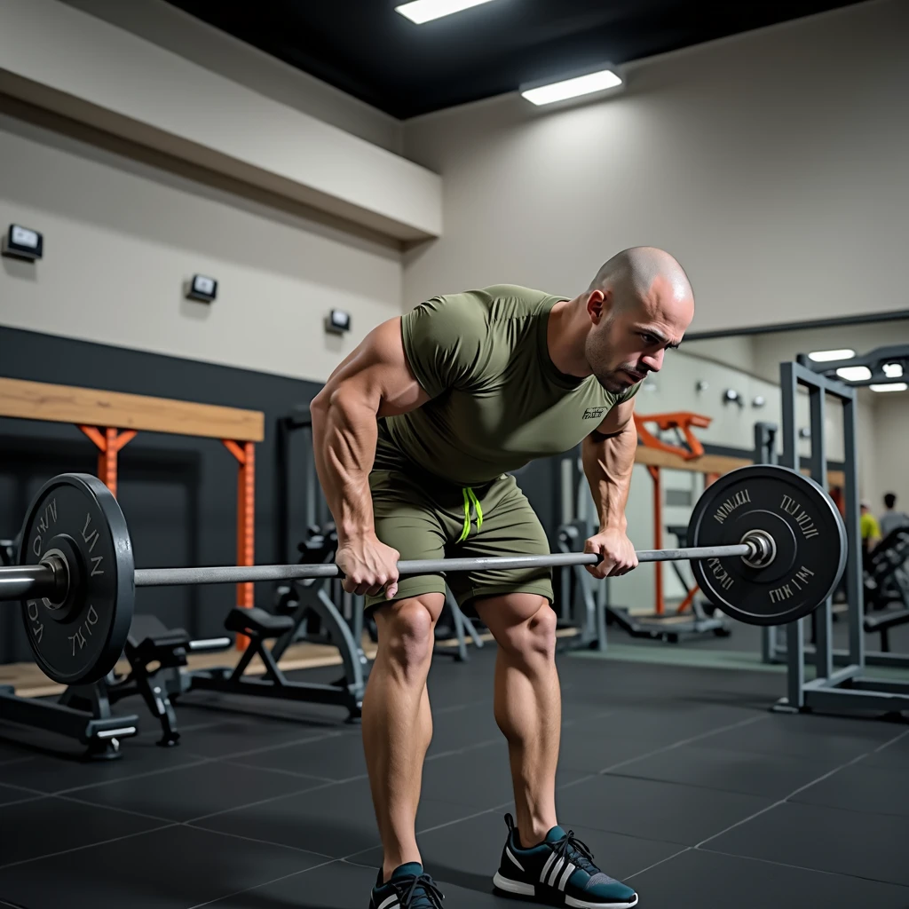 High Detail RAW Color Photo Professional Photo. A tall, muscular man with a shaved head and pale skin is in a gym, positioned in a bent-over row stance, mirroring the pose seen in the reference image. He is wearing a fitted olive-green athletic t-shirt that highlights his broad shoulders and strong arms, along with black sports shorts with a neon green drawstring, showcasing his powerful legs. His feet are planted firmly on the ground, with his hands gripping a barbell, his muscles visibly tensed as he performs the exercise. The gym environment is well-lit, with a clean, modern design, featuring various workout equipment in the background. The lighting is soft, casting natural shadows that emphasize the definition of his physique and the focus on his face as he concentrates on his form. The overall scene captures the intensity of the workout and the strength of the character, UHD, retina, masterpiece, accurate, textured skin, anatomically correct, super detail, high details, award winning, high quality, best quality, highres, 4K