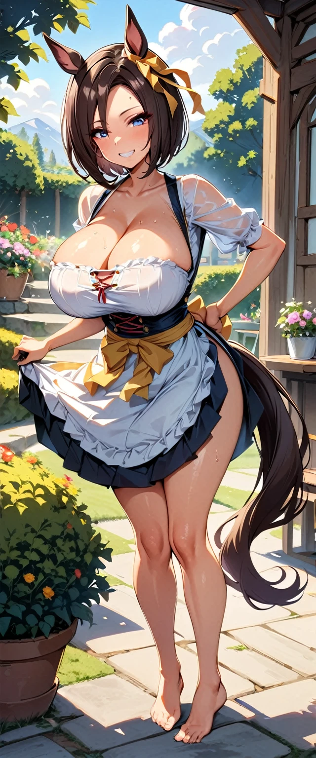 1girl, 1girl, air groove (umamusume), umamusume]], bob cut,blue eyes,eyeshadow,huge , solo, masterpiece, gleaming skin, super detailed skin, shiny hair, glamorous, happy smile,steam,sweat,barefoot,dirndl,pubic hair, full body,standing,horse tails,garden