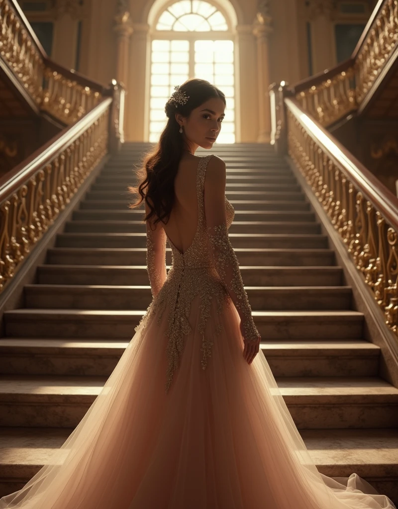 ((masterpiece, highest quality, Highest image quality, High resolution, photorealistic, Raw photo, 8K)), Woman in evening dress, long brunette hair pulled back, jeweled hairpiece, long gloves, glass shoes, bare shoulders, bare back, looking back halfway up the wide staircase leading to the super realistic castle, looking down, medium breast, she look at camera, medium breasts