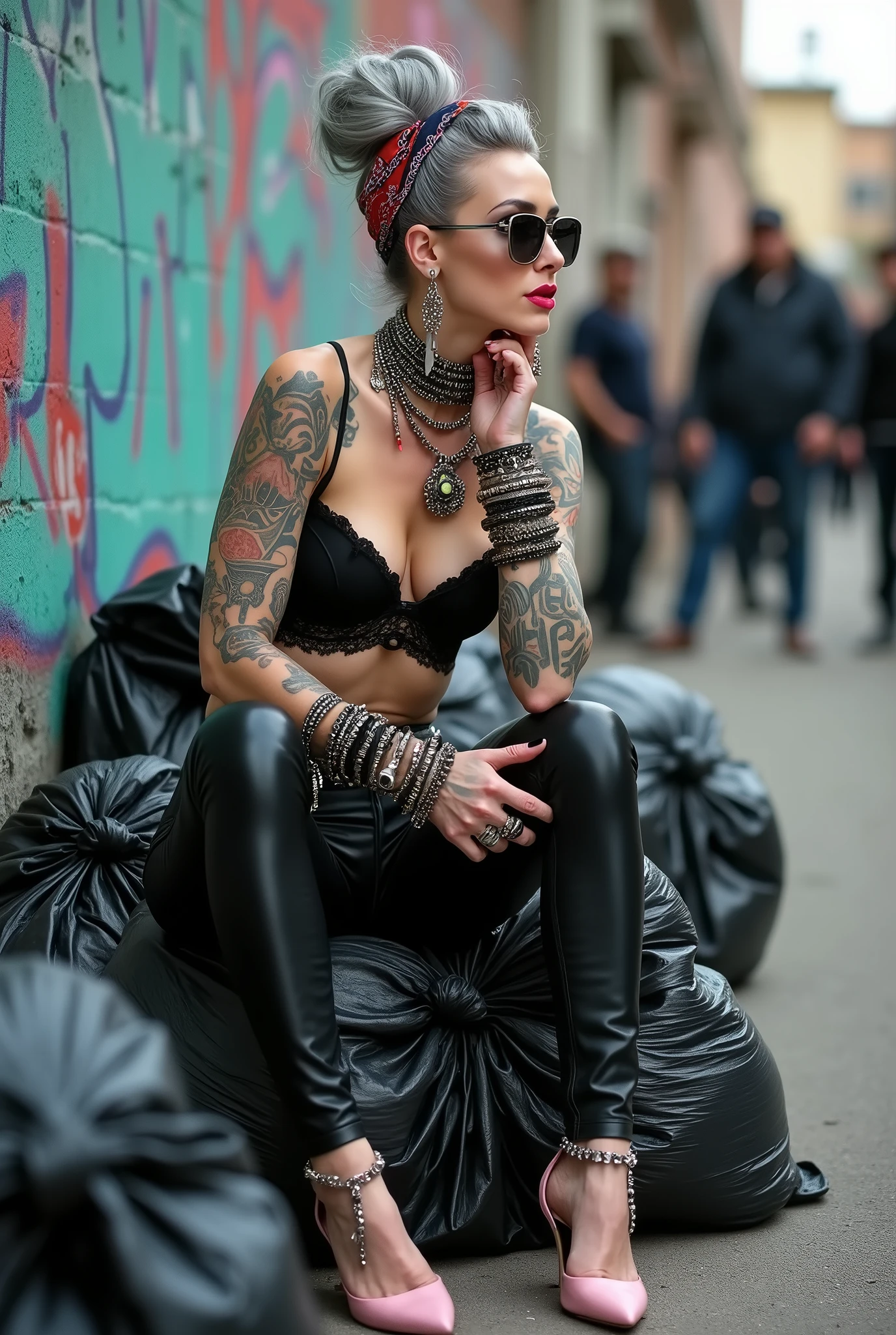 russian milf woman,  grey hair (bouffant, top bun) and oversized square sunglasses and wide  colourful bandana as headband, with very light green eyes, extremely pale. Big lips.  Black lace push up bra, silicone breast,, tight skinny  black low rise leather jeans. Light pink high heel mules. Lots of thick wide studded bracelets, chain necklaces and big rings,. Two loose studded belts. Long earrings with chains and feathers. Sitting on a pile of huge black plastic bags and leaning her back against a graffitied wall, separated legs. Touching her neck with both hands. Neck, chest, stomach and wrists heavily tattoed.  Toned abdominals, thin neck, slim legs and thin arms. Narrow hips. Full body. At a dead end street with graffitied walls, ground littered with waste . Some men in the background. Full body, frontal view