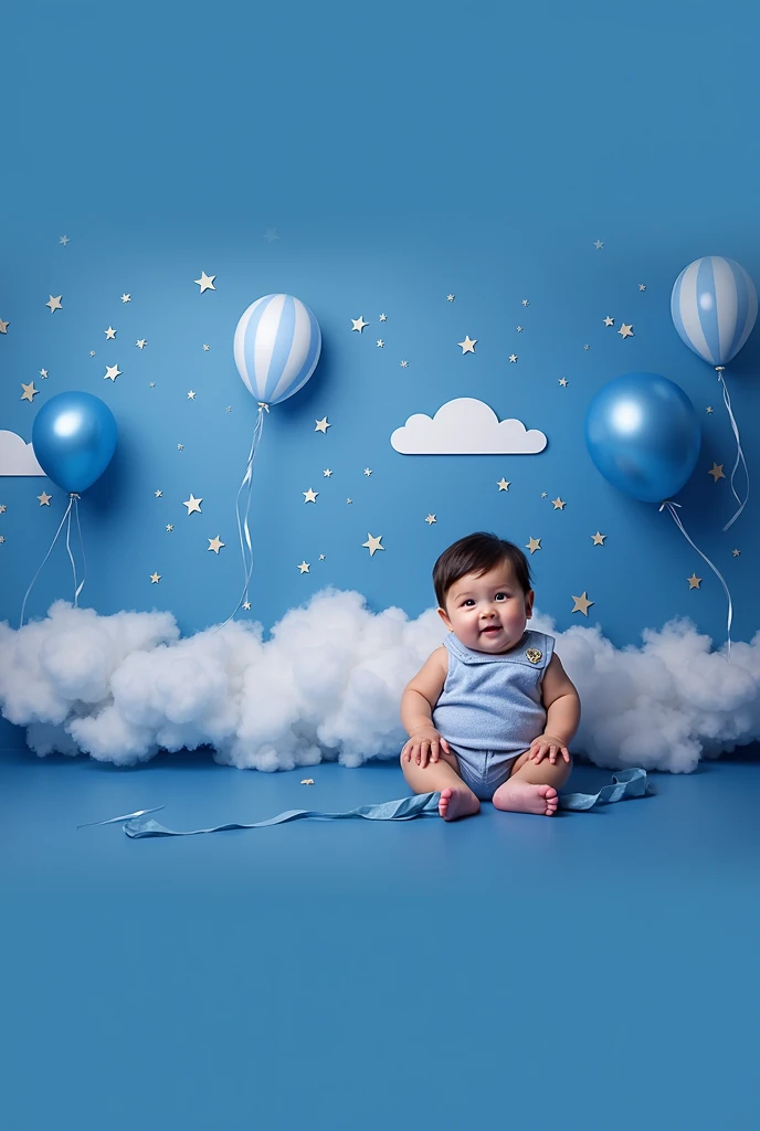 arafed baby sitting in front of a backdrop of balloons and stars, a portrait by Julia Pishtar, shutterstock, surrealism, blue backdrop, lie on white clouds fairyland, portrait photo of a backdrop, portrait shot, blue themed, with a blue background, cyan photographic backdrop, cute boy, bright sky, mid shot portrait, portrait image