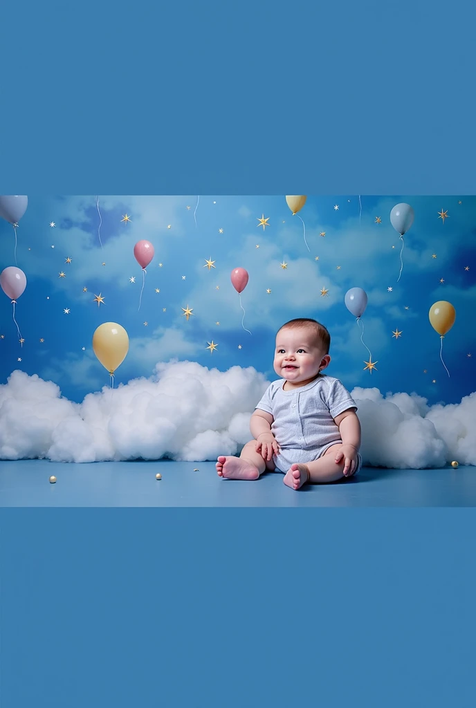 arafed  sitting in front of a backdrop of balloons and stars, a portrait by Julia Pishtar, shutterstock, surrealism, blue backdrop, lie on white clouds fairyland, portrait photo of a backdrop, portrait shot, blue themed, with a blue background, cyan photographic backdrop, cute boy, bright sky, mid shot portrait, portrait image