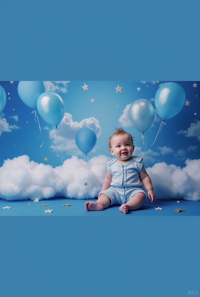 arafed baby sitting in front of a backdrop of balloons and stars, a portrait by Julia Pishtar, shutterstock, surrealism, blue backdrop, lie on white clouds fairyland, portrait photo of a backdrop, portrait shot, blue themed, with a blue background, cyan photographic backdrop, cute boy, bright sky, mid shot portrait, portrait image