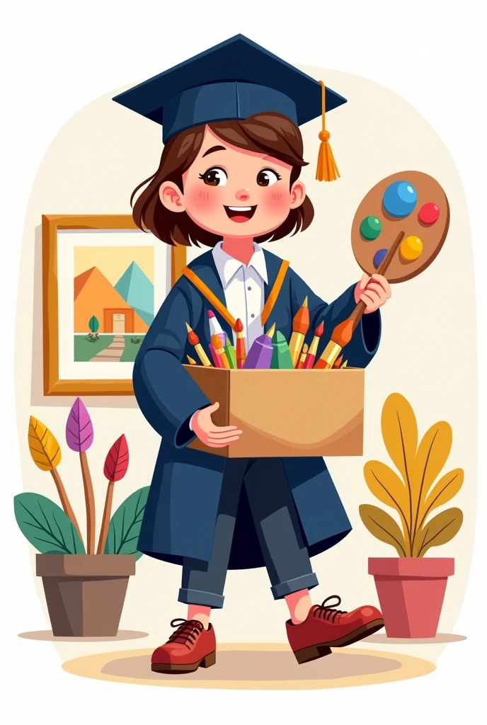 A young fine arts graduate wearing a graduation uniform, adding a box of colors, holding a palette of colors, and taking out a painting framed with a golden frame. cartoon drawing 2d drawing was outline, simple and funny