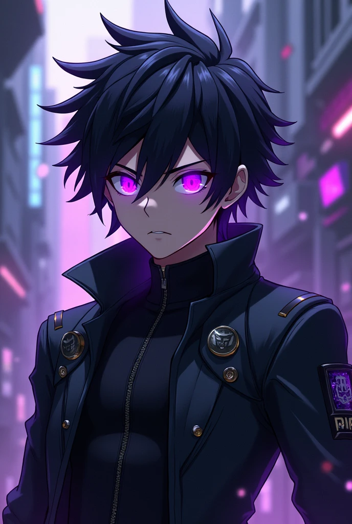 Create an anime character with these characteristics, He is a boy. She has black hair and her eyes glow deep purple., wears a black gabardine jacket. Belongs to the Autobots Elite Guard 