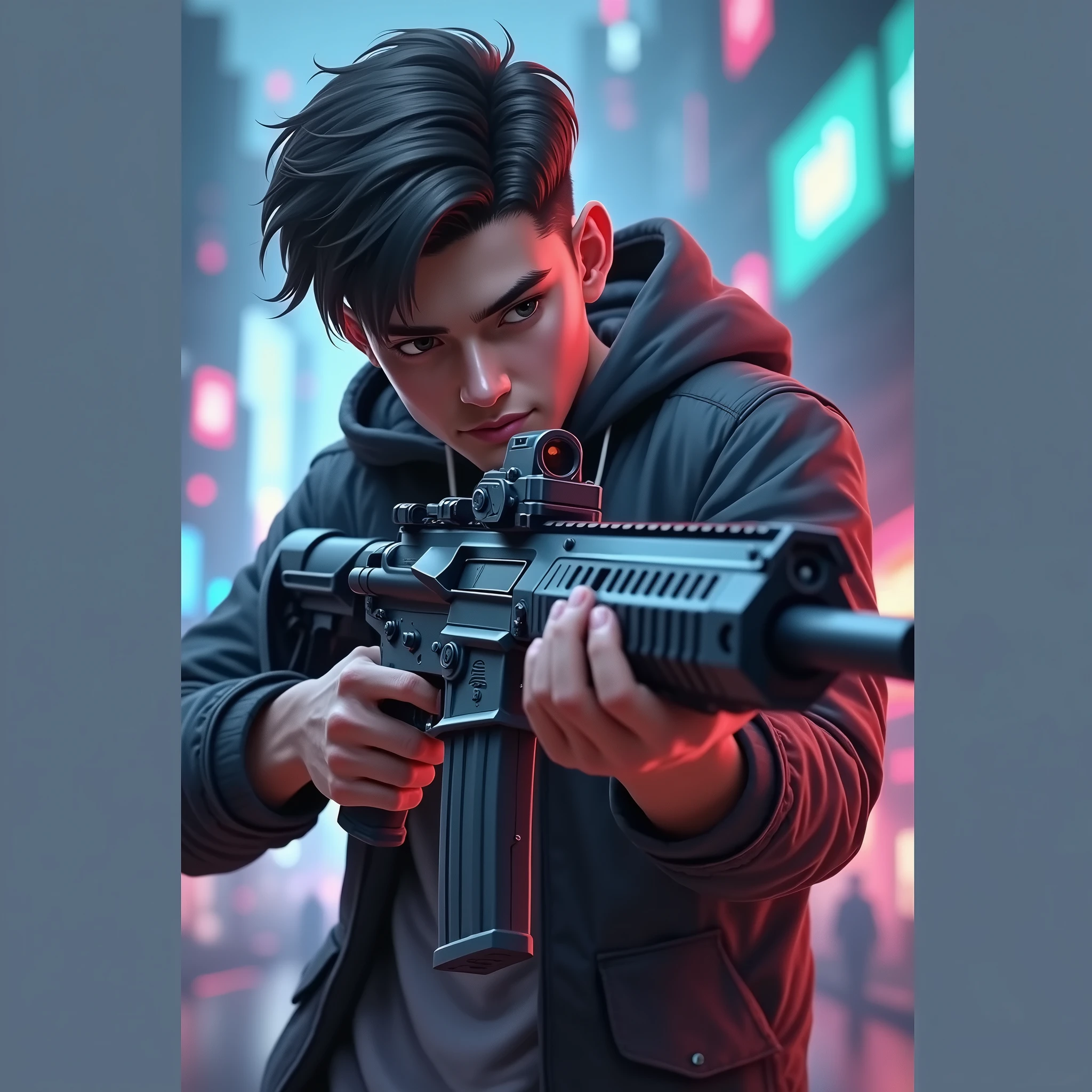 Khaleed playing Mobile Legends holding a rifle, ultra realisitic, shorth hair, gamer, purple background,cyberpunk