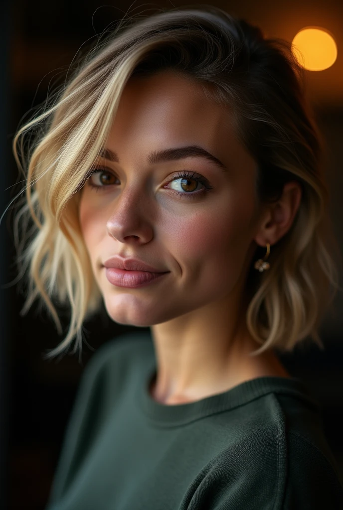 nuit, photographie originale, (((Très beau portrait))), (Très beau portrait))), 1 fille, fille sexy 2, celebrity ((Cheveux courts blond naturel)), [Brown eyes],Regarder la caméra avec un doux sourire(Low-cut), ((head of&#39;artwork, best quality, ultra detailed, Cinema lighting, intricate details, HD, 8k, very detailed)), detailed context, 8K  UHD, digital reflex camera, soft lighting, high quality, grain de film, FUJIXT3, shallow depth of field, natural light, visage parfait