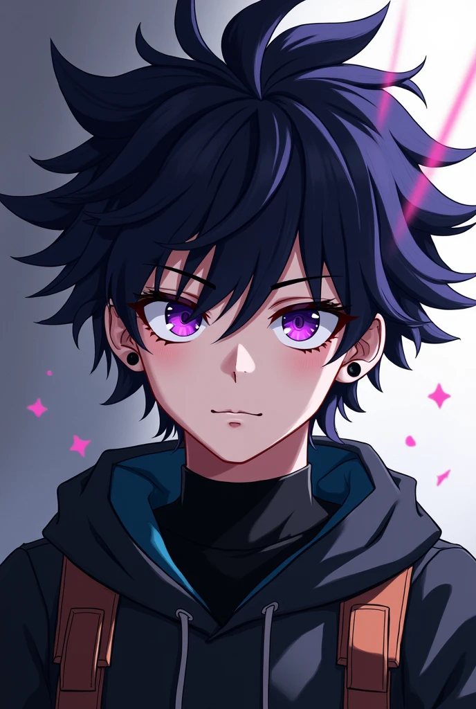 A 1 boy, pale skin, purple eyes, black mid hair, atlhetic body, uses black clothes, use black earrings, mha style, close view