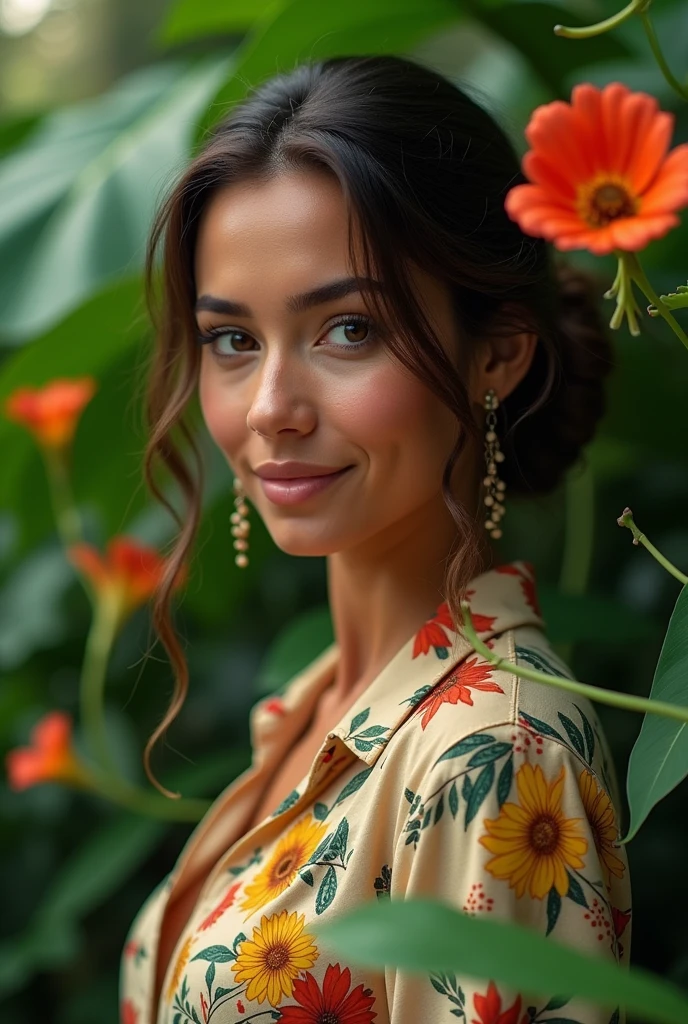 A Brazilian woman in a lush tropical garden, wearing an open shirt with a floral print, with a close-up capturing the harmonious beauty between her breasts and the natural flowers, showing off your natural charm and outgoing personality.