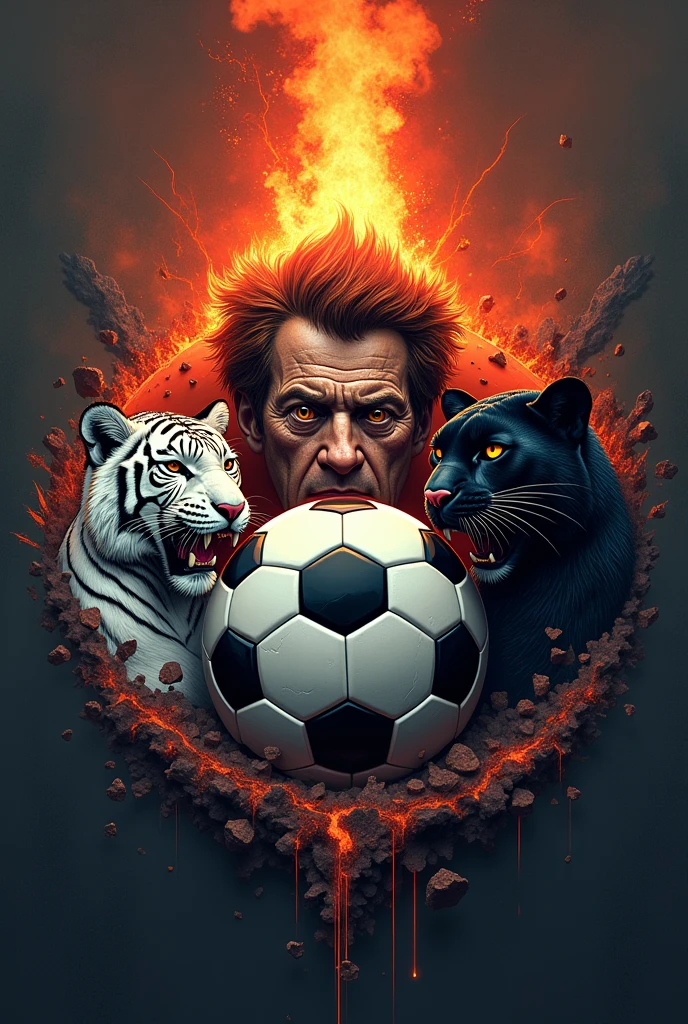 Logo of a soccer ball with the face of a crazy animated schizophrenic holding it the white bengal tiger and the black panther for goal schizophrenics with a volcano erupting in a rough background