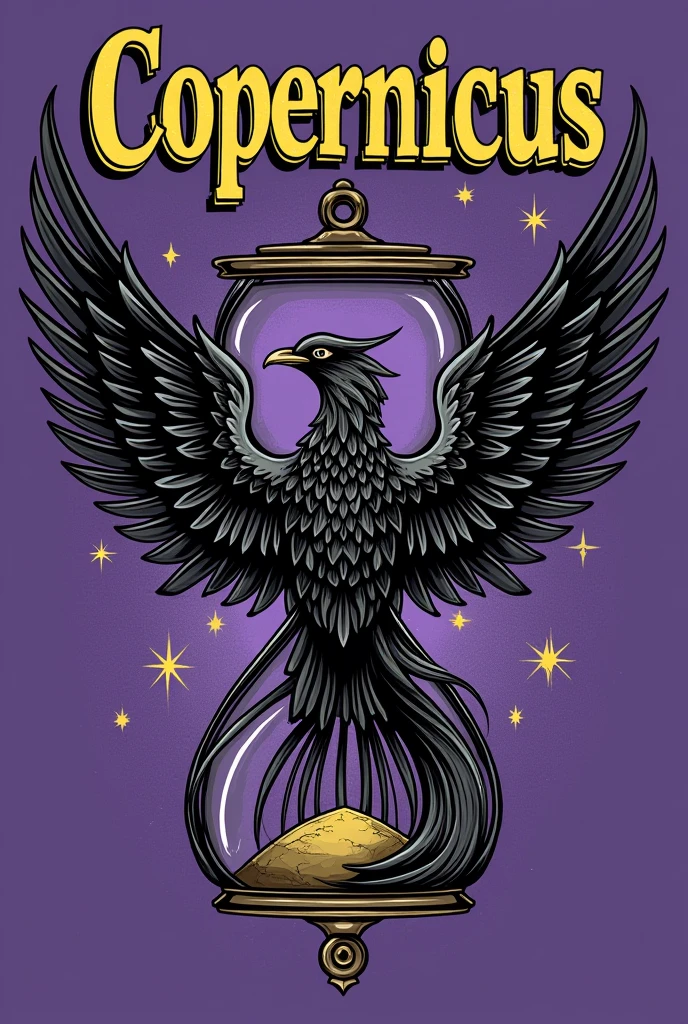 A purple t-shirt with a black and white phoenix covering an hourglass, written on top "Copernicus" larger yellow with a black outline with star details